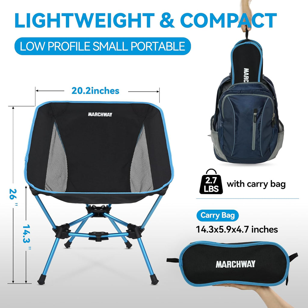 MARCHWAY Lightweight Folding Camping Chair, Portable Foldable Compact for Outdoor Camp, Travel, Beach, Picnic, Festival, Hiking, Backpacking, Supports 330Lbs (Blue)