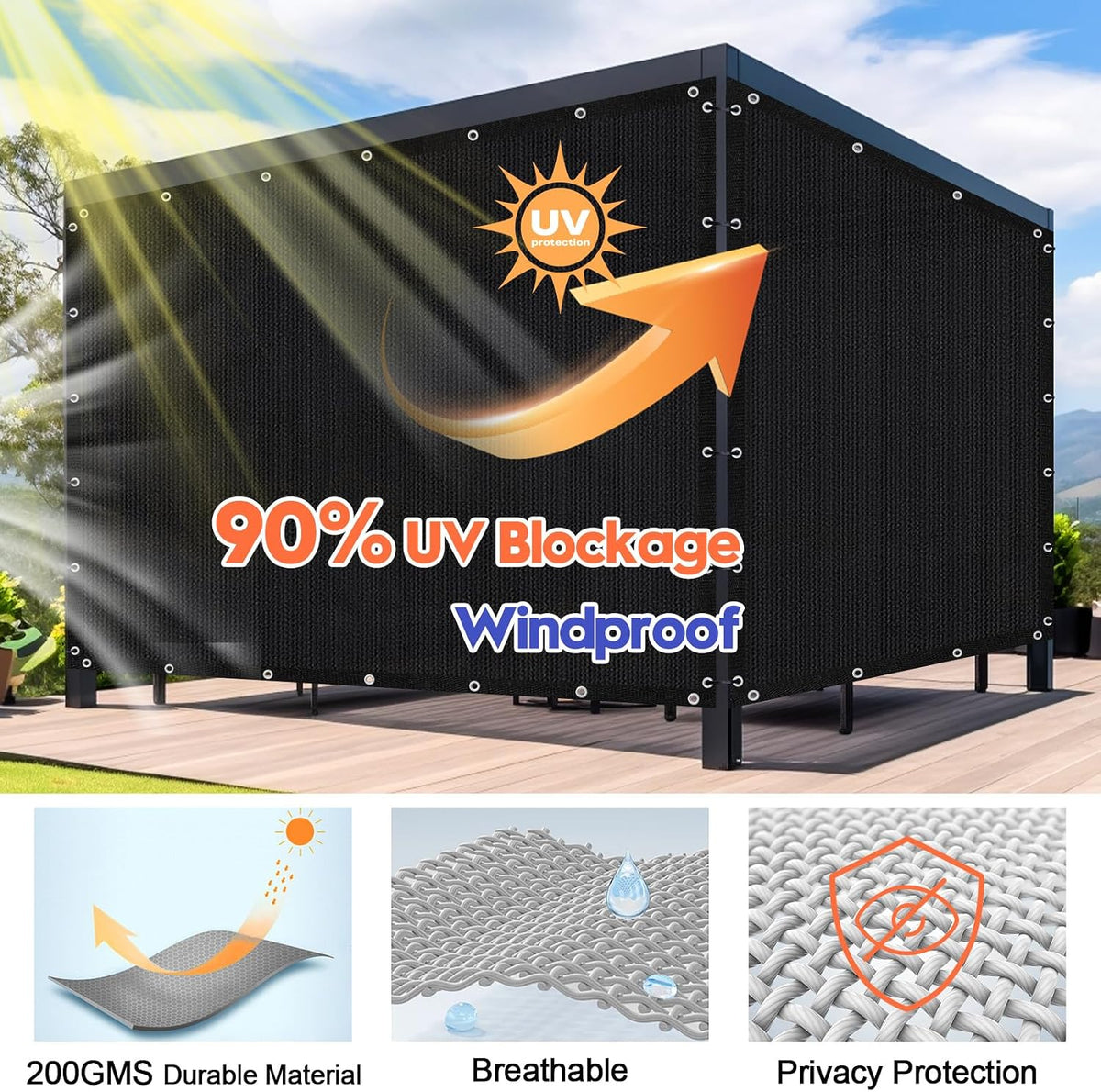 10' X 10' 90% Sun Shade Cloth Outdoor Patio Black Pergola Shades Cover Privacy Screen UV Block Porch Screens Canopy for Patio Outside Outdoor