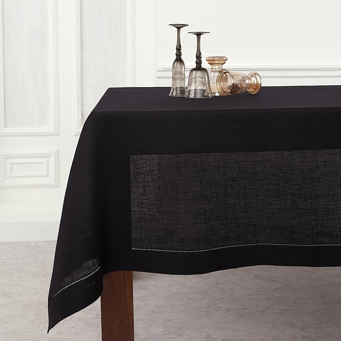 Solino Home Linen Tablecloth 60 x 120 Inch - Classic Hemstitch 100% Pure Linen Black Table Cloth for Rectangle Tables - Machine Washable Tablecloth for Fall, Autumn, Halloween, Thanksgiving, Holiday