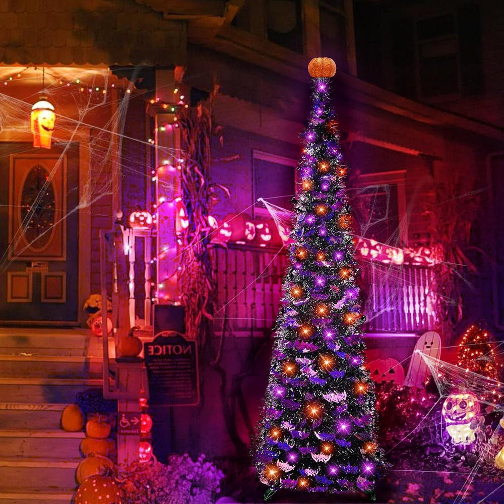 TURNMEON 6 Ft Black Tinsel Halloween Tree with Lights Halloween Decorations