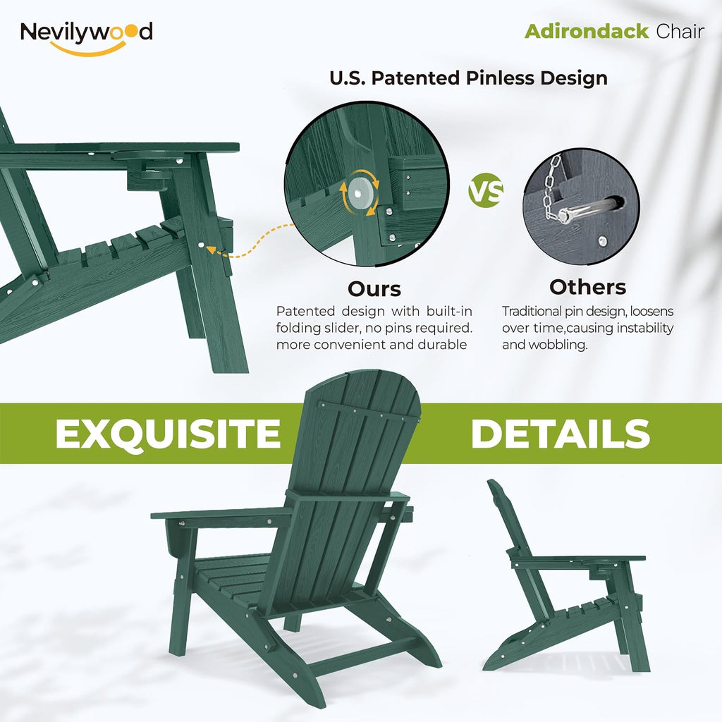 nevilywood Folding Adirondack Chairs Set of 2, HDPE Cup Holders, Green