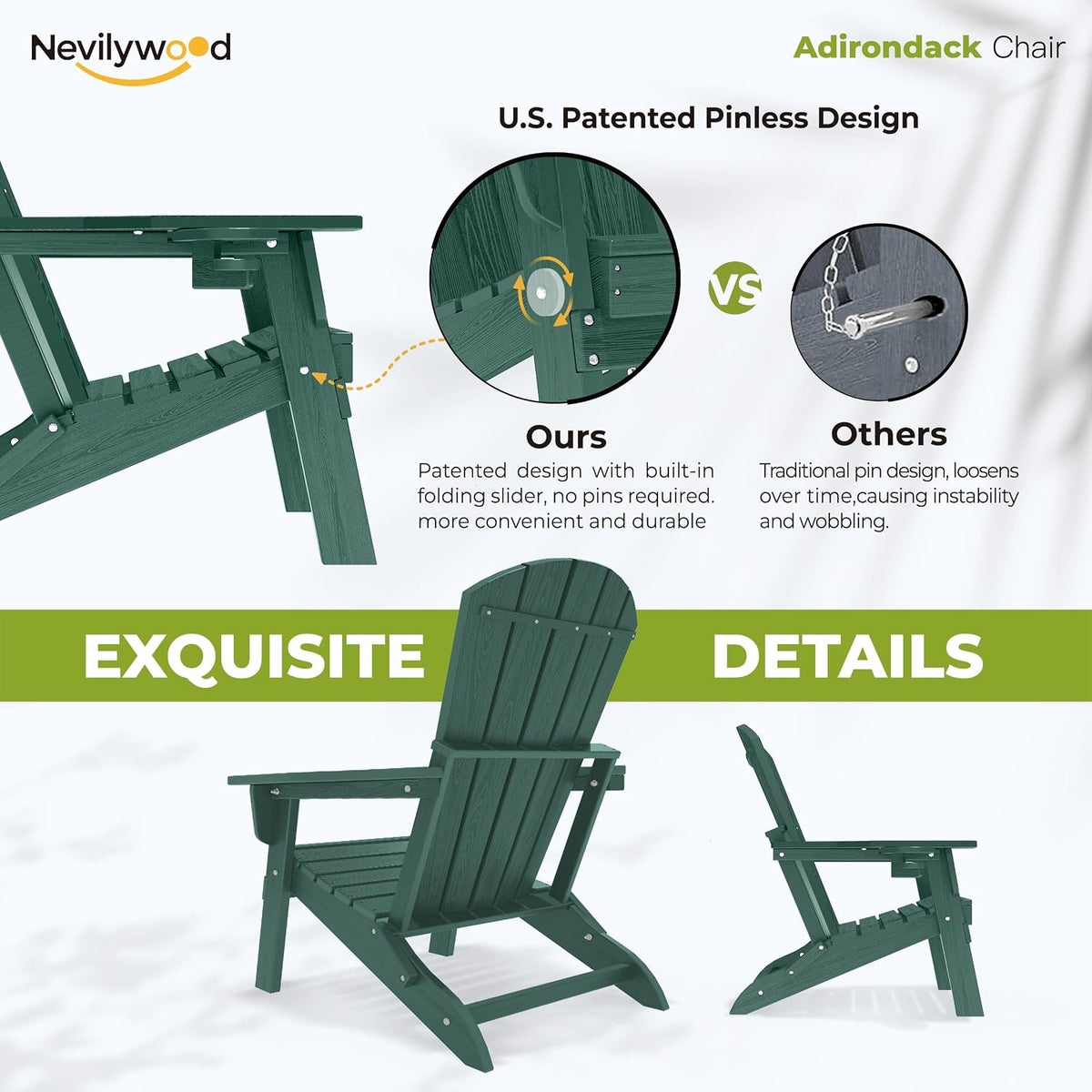 nevilywood Folding Adirondack Chairs Set of 2, HDPE Cup Holders, Green
