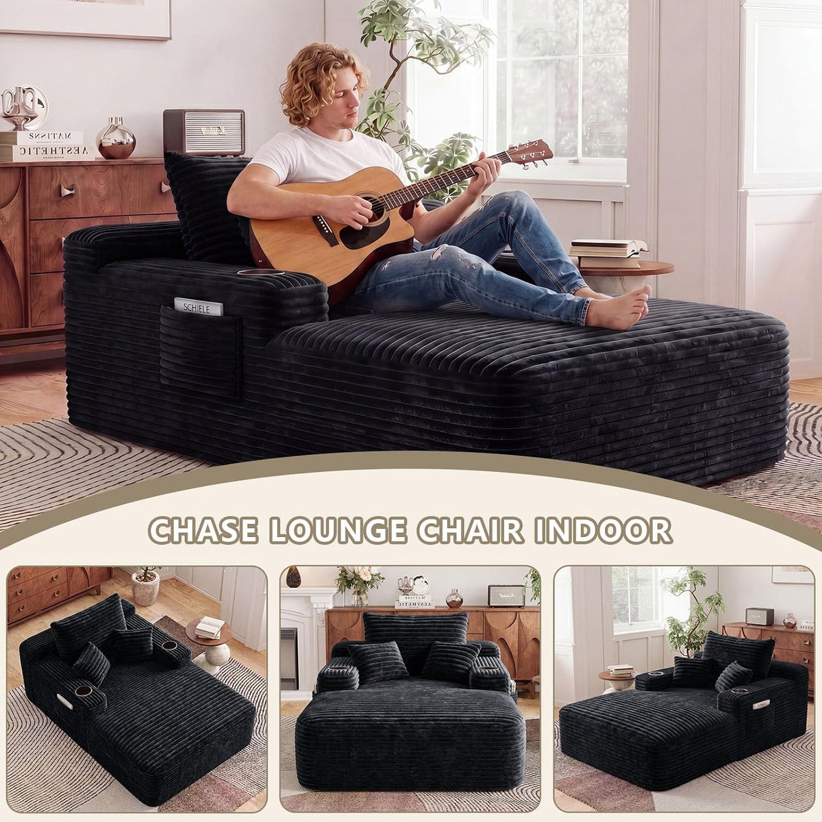 65" Chaise Lounge Chair Indoor with Cup Holders & Side Pocket, Oversized Boneless Lounger Chairs Indoor with 3 Soft Pillows, Deep Seat Reading Lounge Couch for Living Room, Apartment, Black