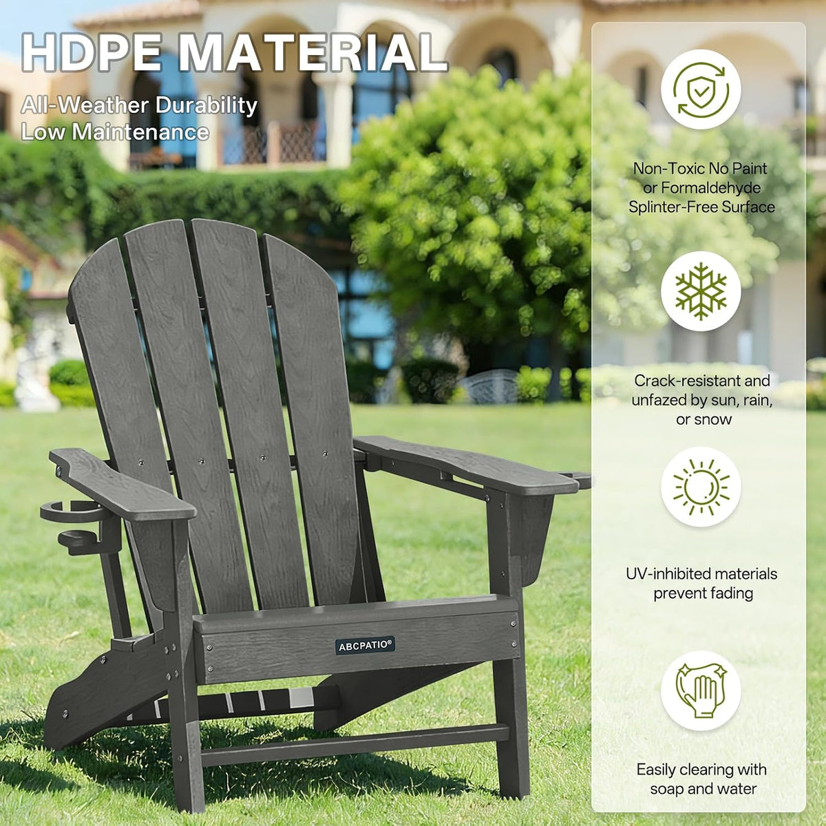 Oversized Adirondack Chair HDPE Cup Holders Heavy Duty Woodgrain Dark Gray