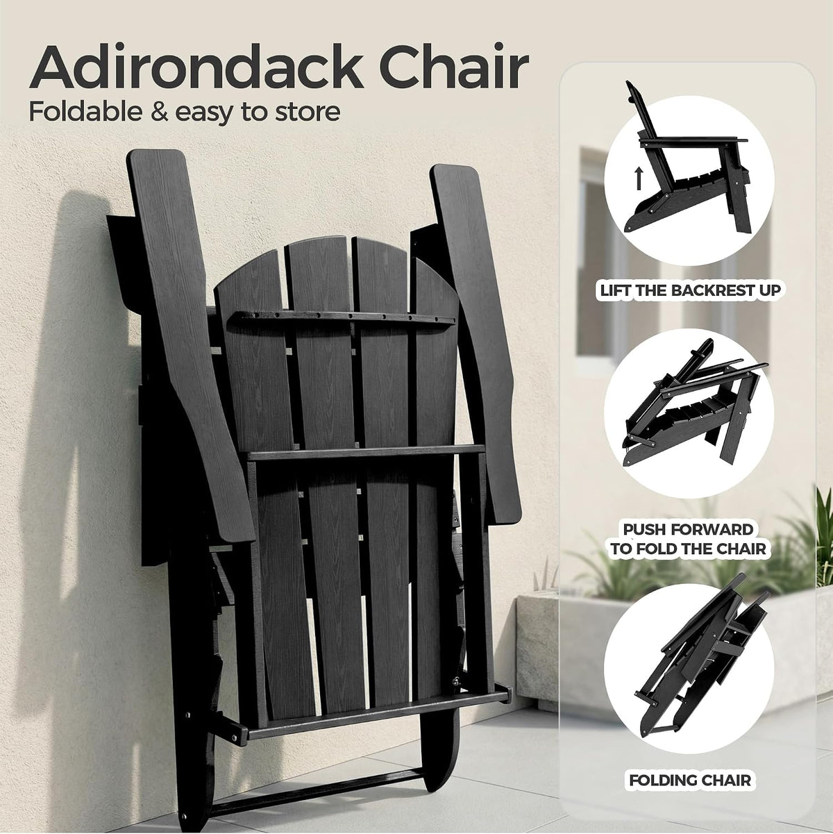 Lightweight Folding Adirondack Chair Set of 4, HDPE, Black
