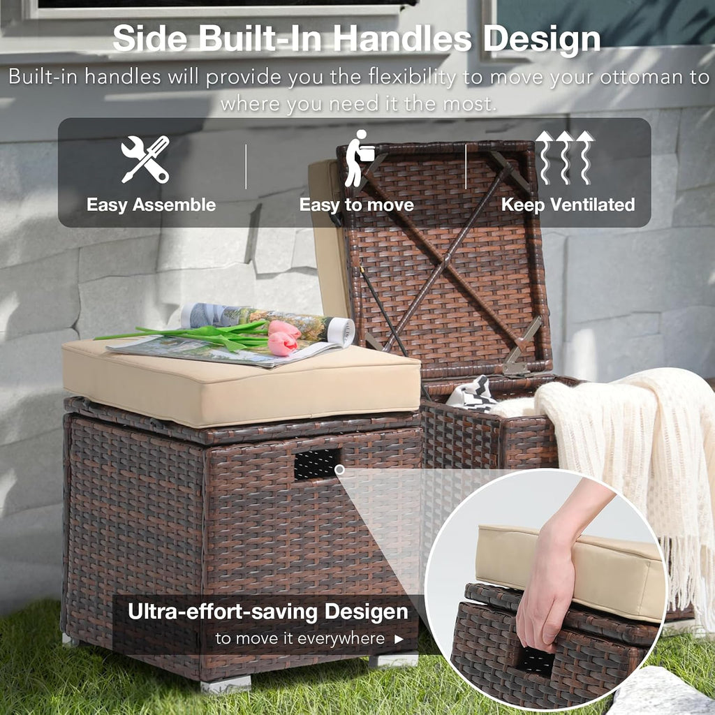 Patiorama 2 Piece Outdoor Patio Ottoman with Storage, Wicker, Beige