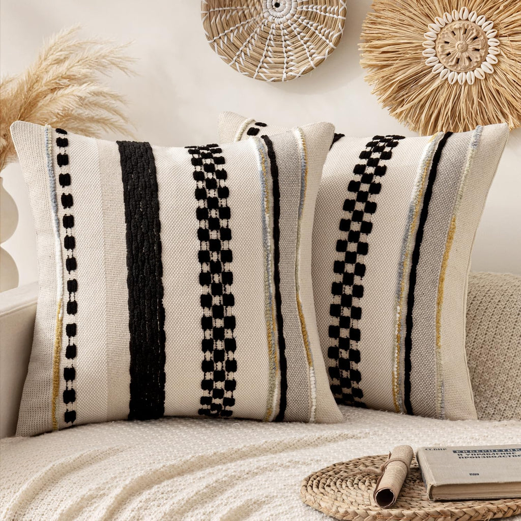 ANRODUO Boho Decorative Pillow Covers 18x18 Inch Black Stripe Pack of 2