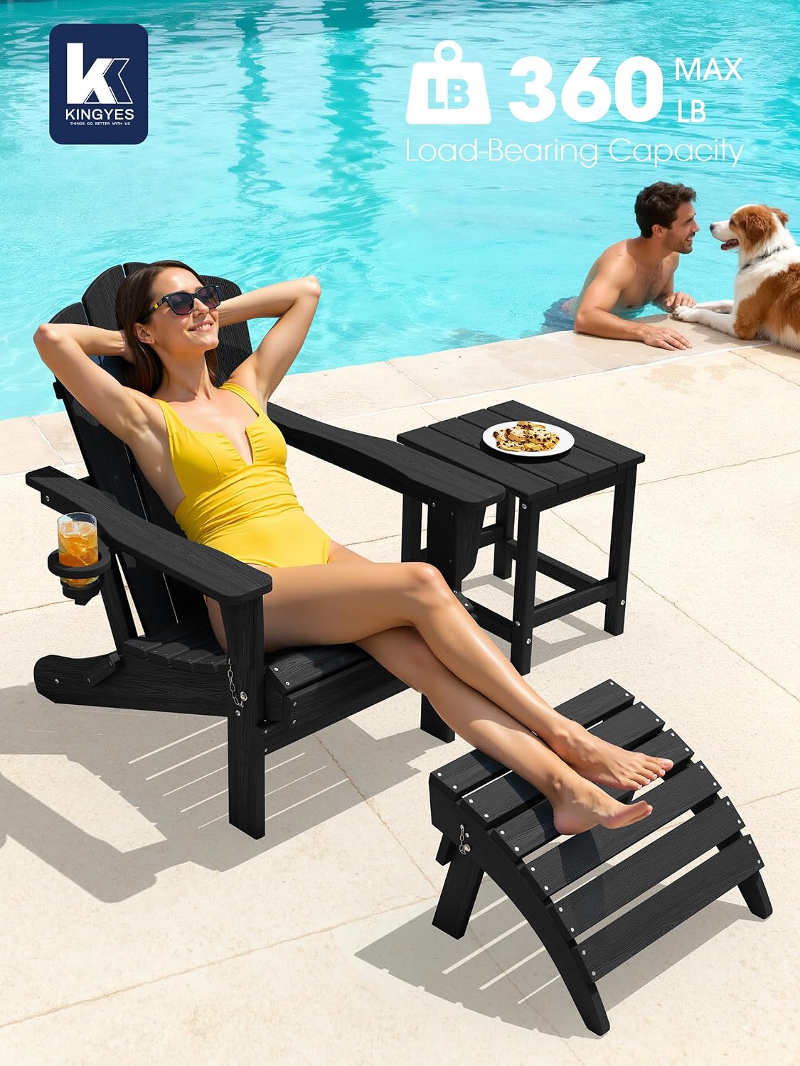 KINGYES Folding Adirondack Chair, All-Weather HDPE Material, Black, 8 Pack (4 Pack)