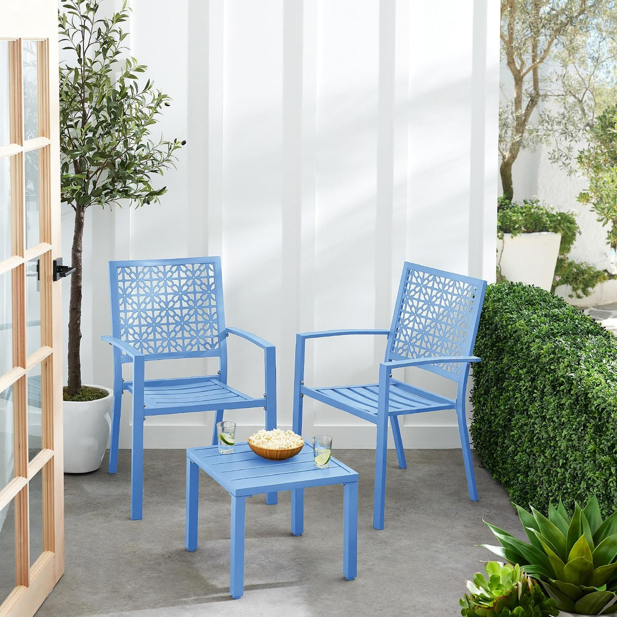 Best Choice Products 3-Piece Outdoor Bistro Set, Stackable Modern Steel Furniture for Porch, Garden w/ 2 Chairs, Table, Geometric Decor - Sky Blue