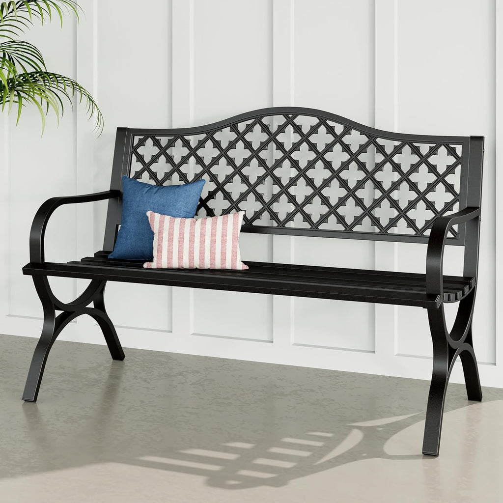MFSTUDIO 50 Inches Outdoor Garden Bench Cast Iron Metal Frame, Clover Black
