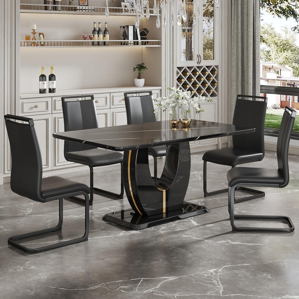 JUFU Modern Dining Table Set for 6,Rectangula Kitchen Table Set with Faux Marble Tabletop＆6 Pu Leather Upholstered Chairs Ideal for Dining Room, Kitchen