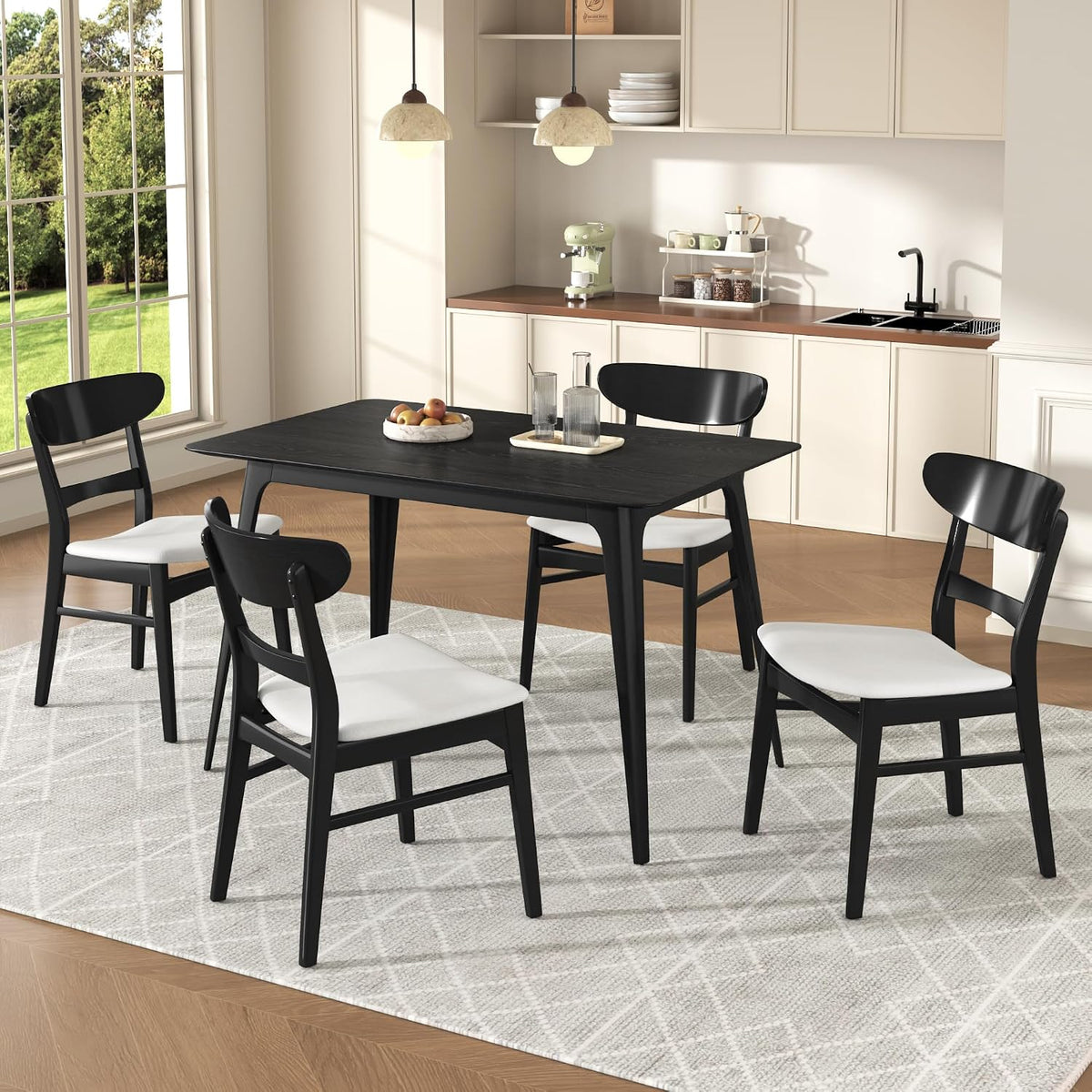 Wood Dining Room Table Set for 4,Mid Century Modern Dining Table Set,Kitchen Table Set for Breakfast Nook and Small Space,5 Piece Dining Table for Apartment,Living Room,Wooden Frame(Black+Light Beige)