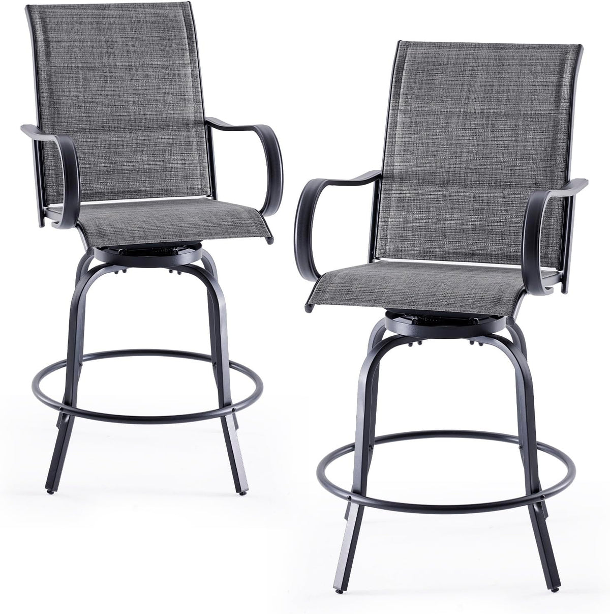 Patio Swivel Bar Stools Set of 2，All-Weather Outdoor High Bistro Stools with Textilene Fabric for Outside, Beach, Lawn, Poolside and Garden (Black/Dark Grey)