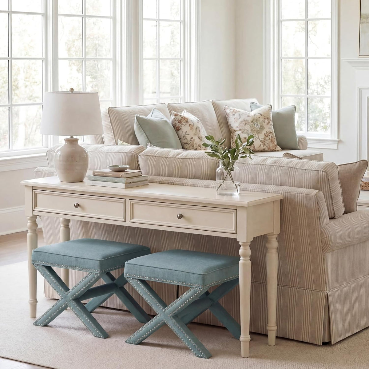 Safavieh Home Collection Palmer Sky Blue with Silver Nailhead Trim X-Bench Ottoman