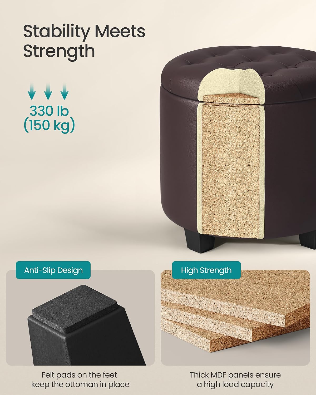 SONGMICS Vanity Stool, Round Ottoman with Storage, PVC Leather