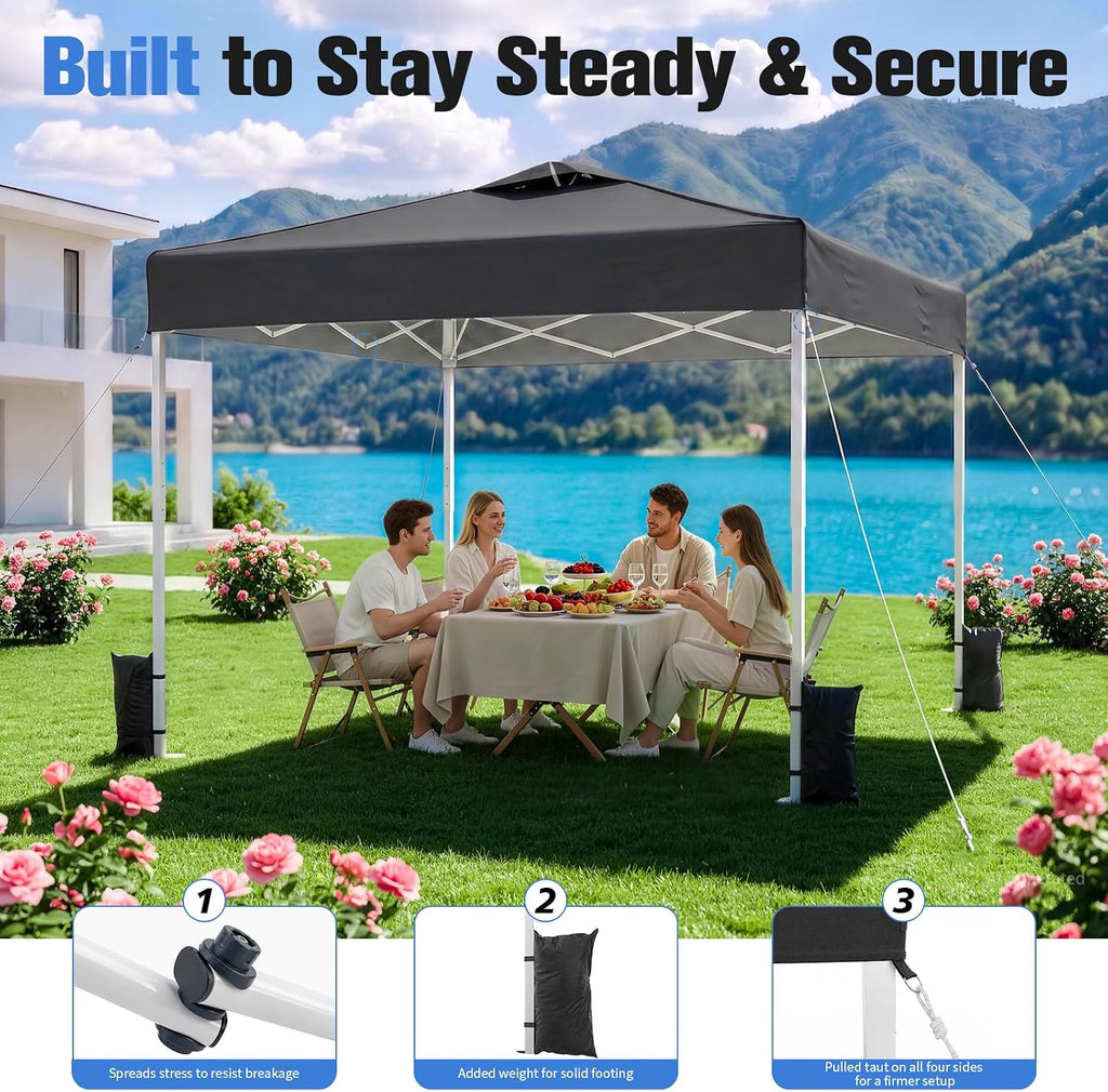 10x10 Pop Up Canopy Tent with Dual Vented Roof, One Push Setup, Black
