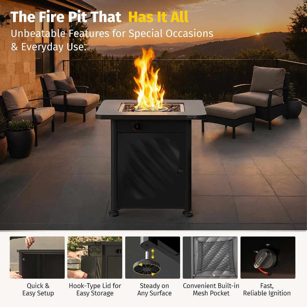 East Oak 28in Gas Fire Pit Table Outdoor, 52,000 BTU