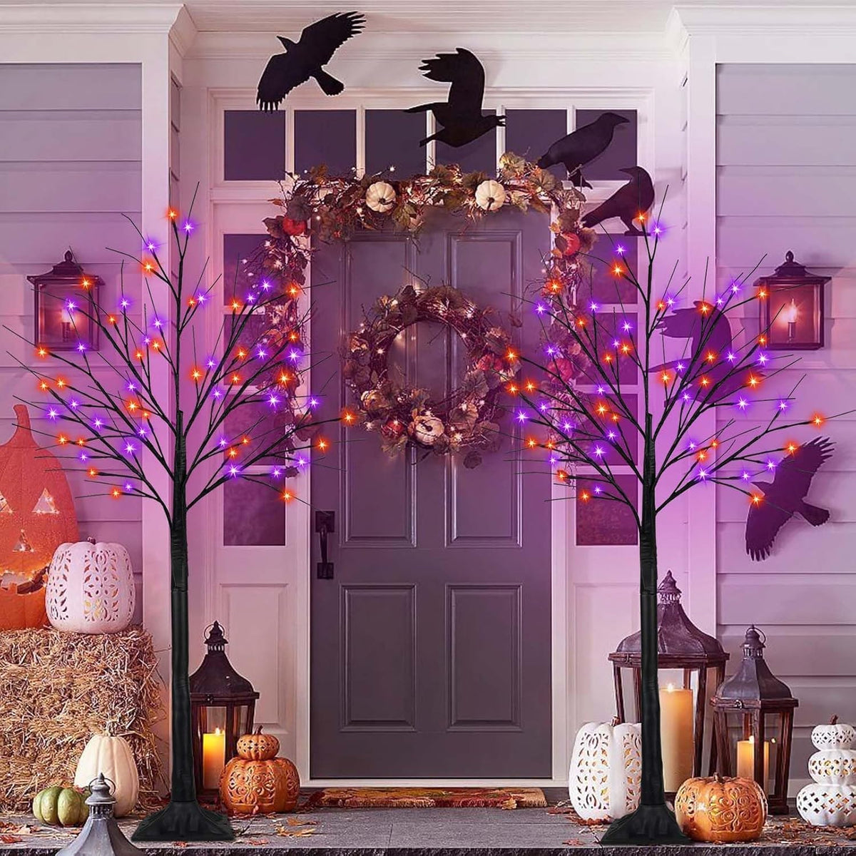2 Pack 5FT Black Halloween Tree with 200 LED Orange and Purple Lights
