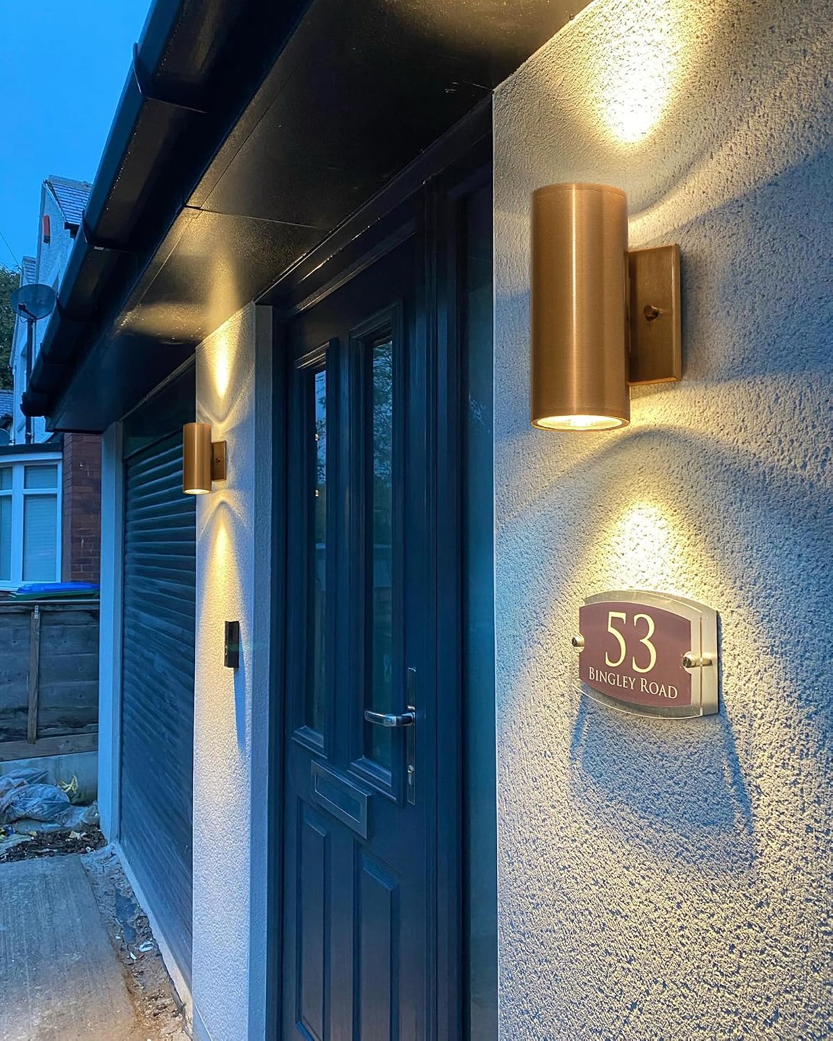 Up and Down Lights Outdoor, Modern Gold LED Outdoor Wall Lights Fixture in 2 Lights, 7 inch Cylinder Exterior Light Fixture Wall Mount for Porch Patio Garage House Entryway