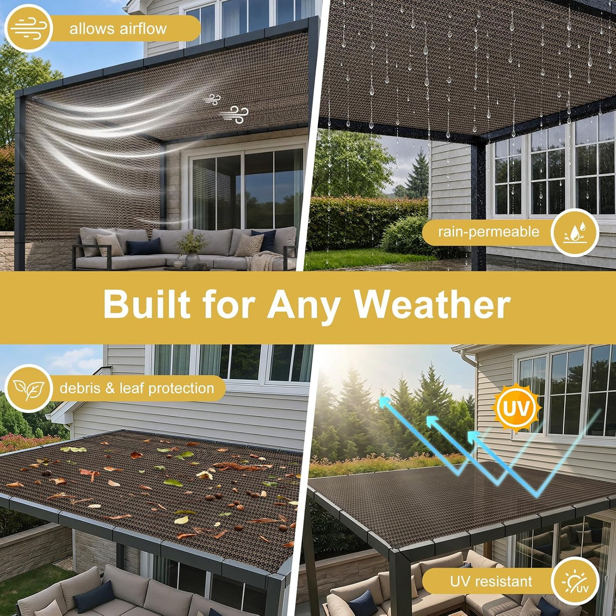 Shade&Beyond 90% Sun Shade Cloth with D-Rings & Reinforced Corner Webbing, 6' x 10' UV Block Outdoor Pergola Shade Cover, Breathable Shade Fabric for for Patio, Backyard, Deck, Garden, Mocha