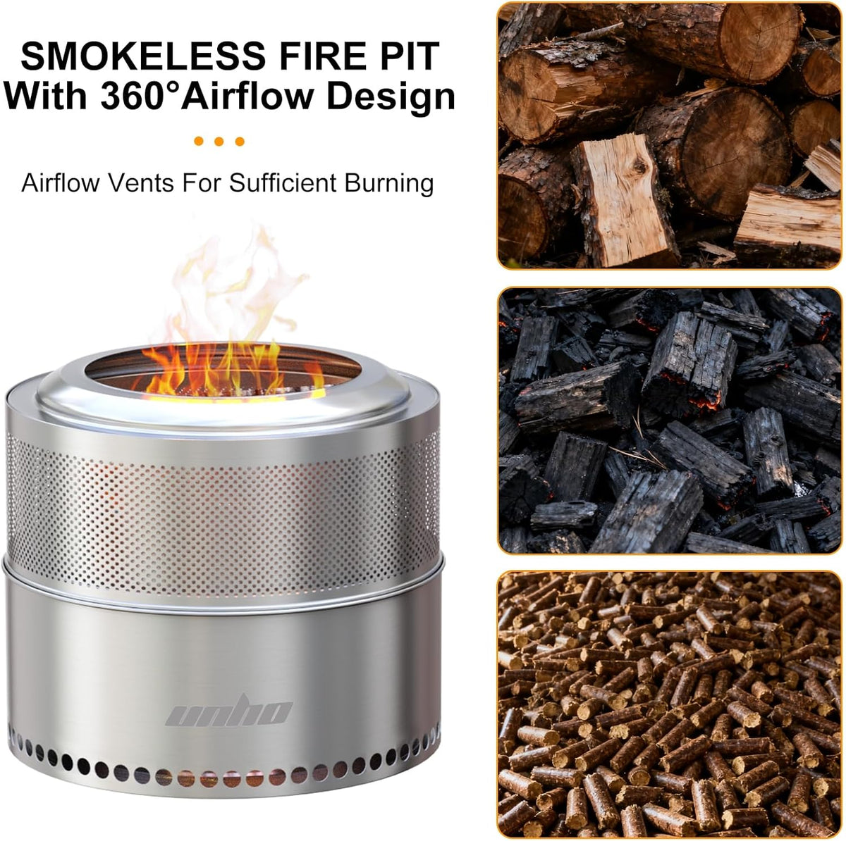 unho 20 Inch Stainless smokeless firepit for Outside Wood Burning Stove
