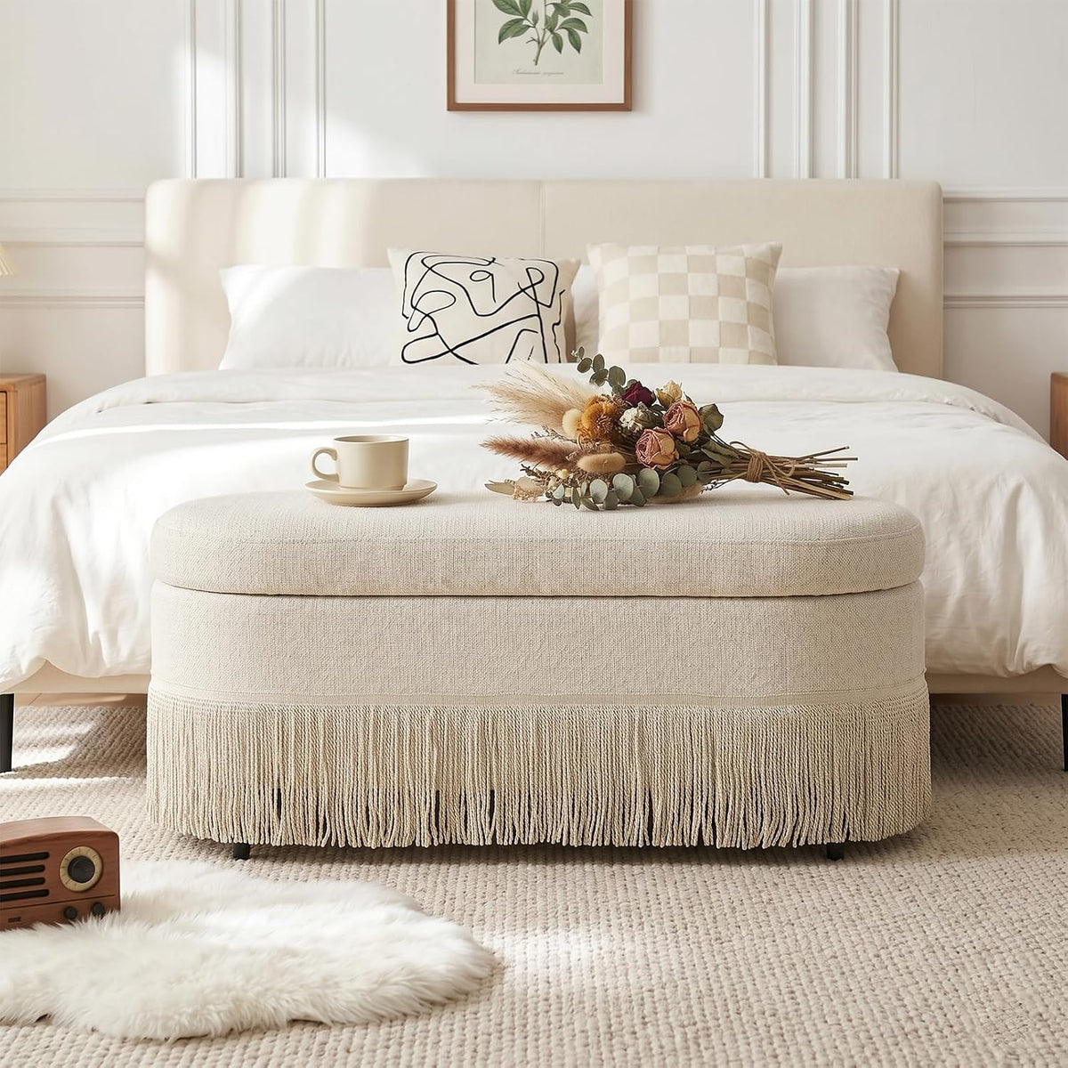39.4“ Boho Storage Ottoman Bench with Tassels,Upholstered End of Bed Bench