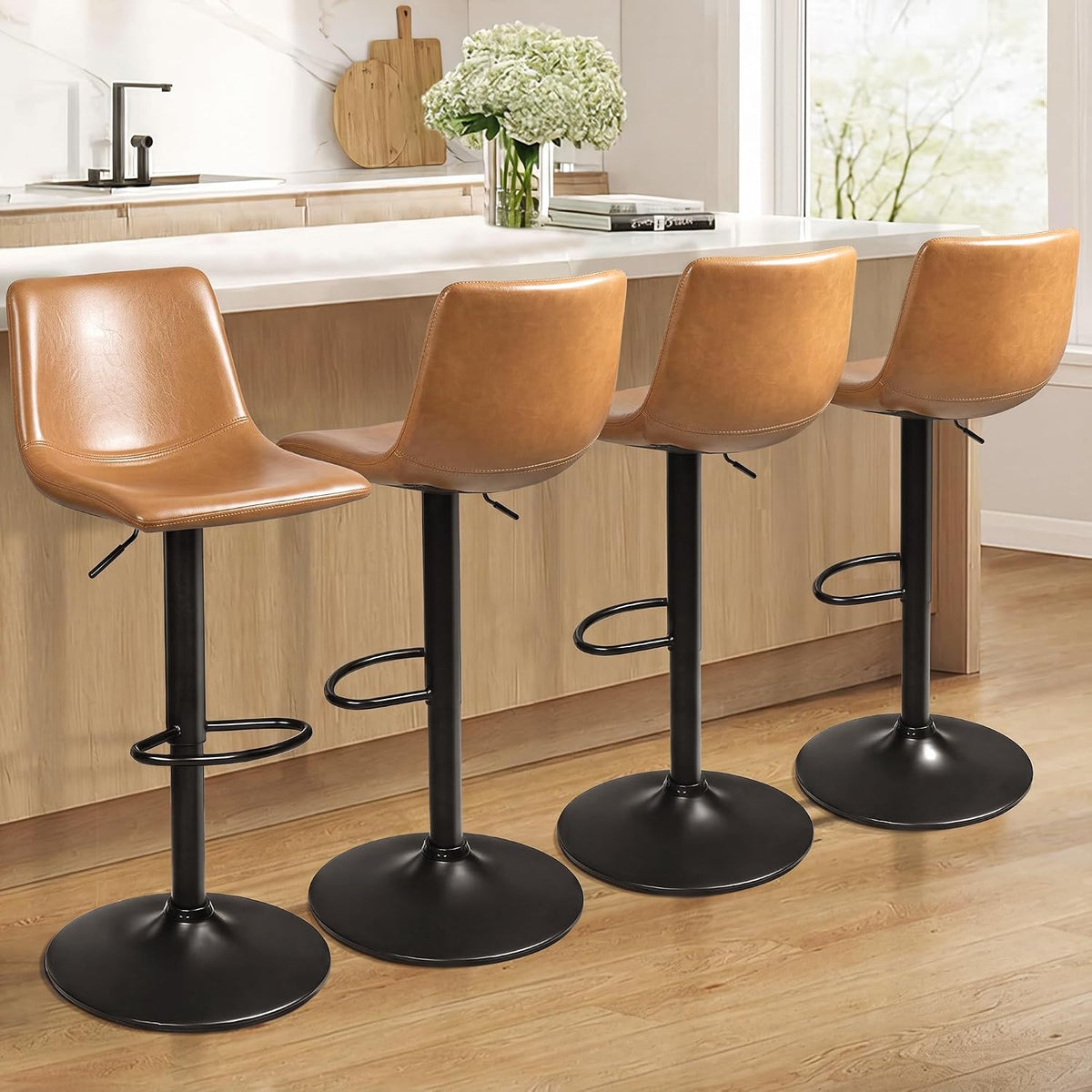 Waleaf Adjustable Bar Stools Set of 4, Modern Faux Leather Swivel Barstools
