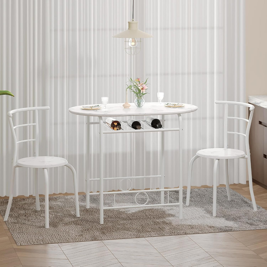VECELO 3-Piece Dining Table Set for Kitchen Breakfast Nook, Faux Marbled Oval Tabletop and Metal Frame with Built-in Wine Rack, for Small Spaces, White