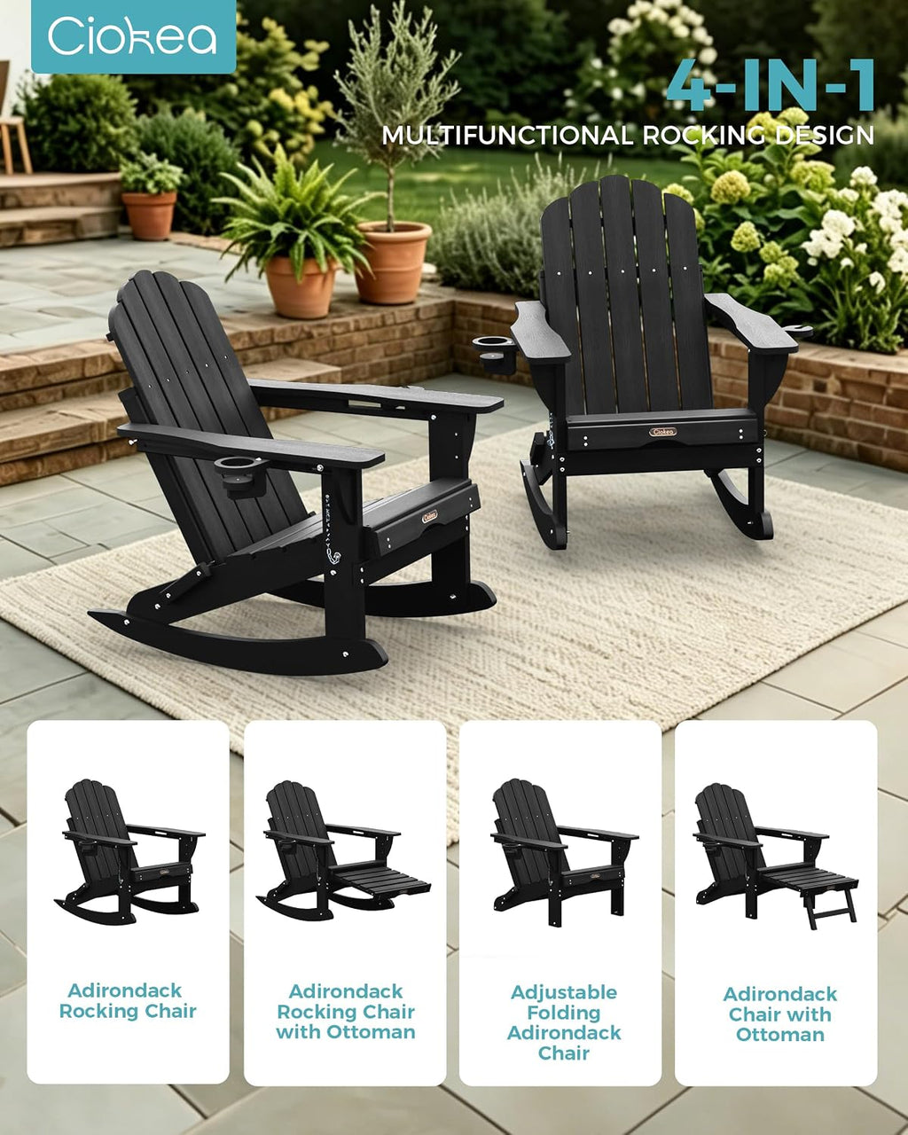 Ciokea Rocking Adirondack Chairs Set of 4 with Retractable Ottoman (Black)