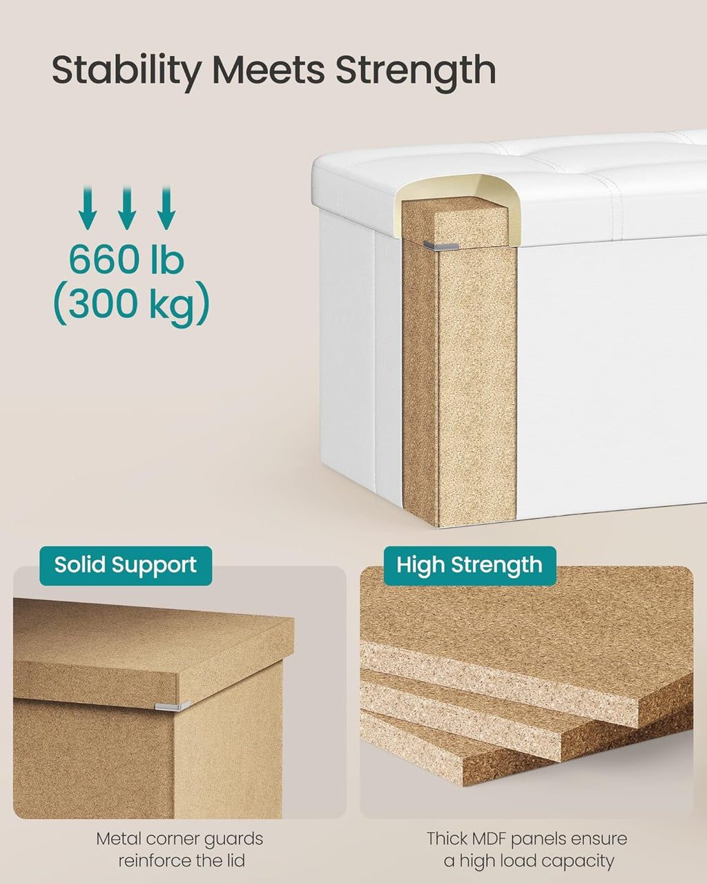 songmics storage ottoman bench, 43.3 inches folding foot, side view