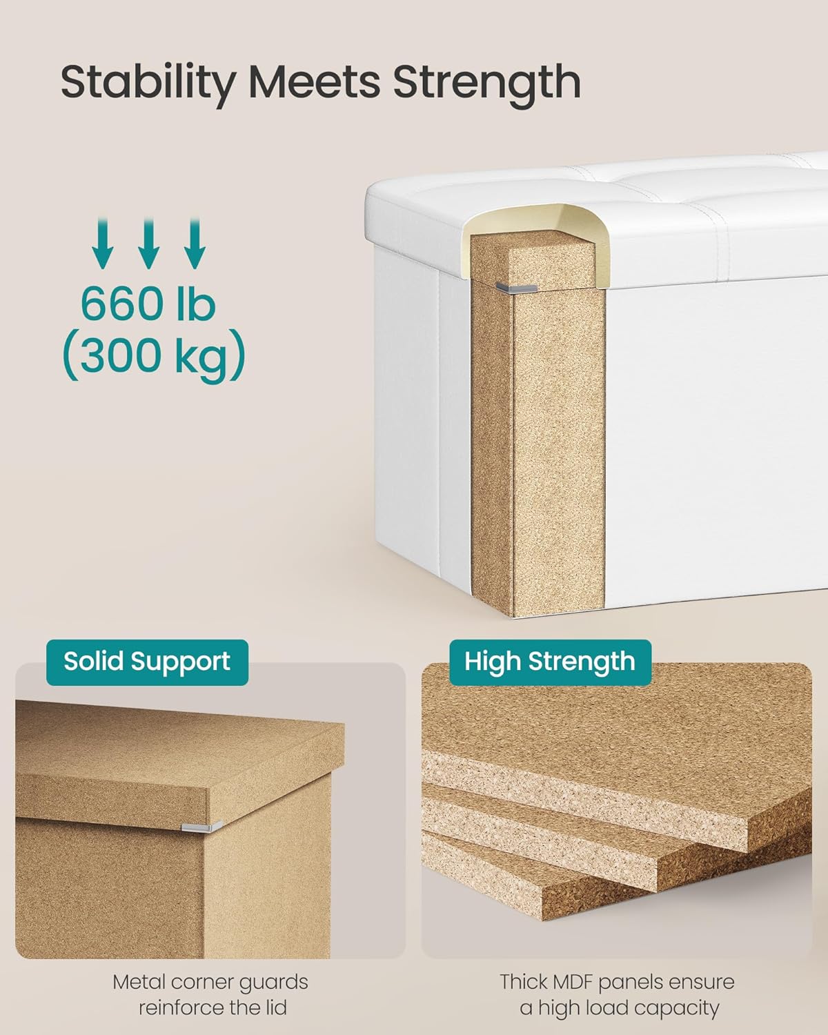 songmics storage ottoman bench, 43.3 inches folding foot, side view