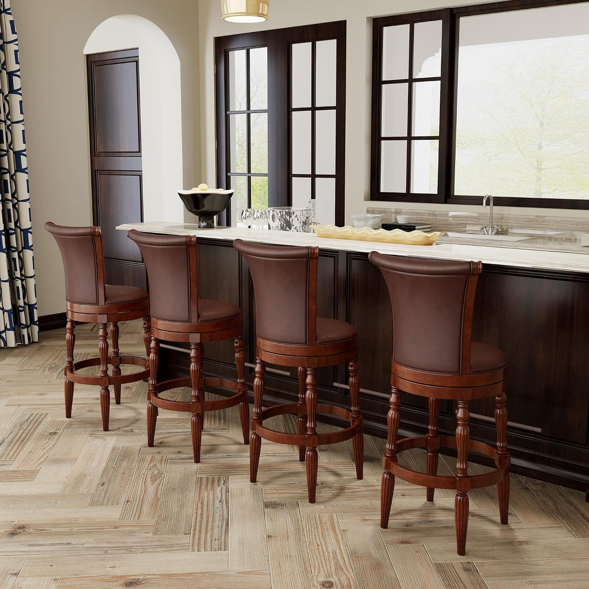 PADMA HOUSE Wooden Swivel High Bar Stool Set of 4, 180°Return Pub Stools