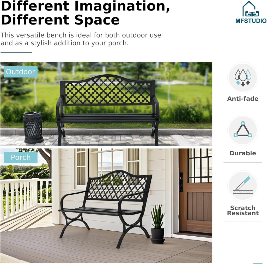 MFSTUDIO 50 Inches Outdoor Garden Bench Cast Iron Metal Frame, Clover Black