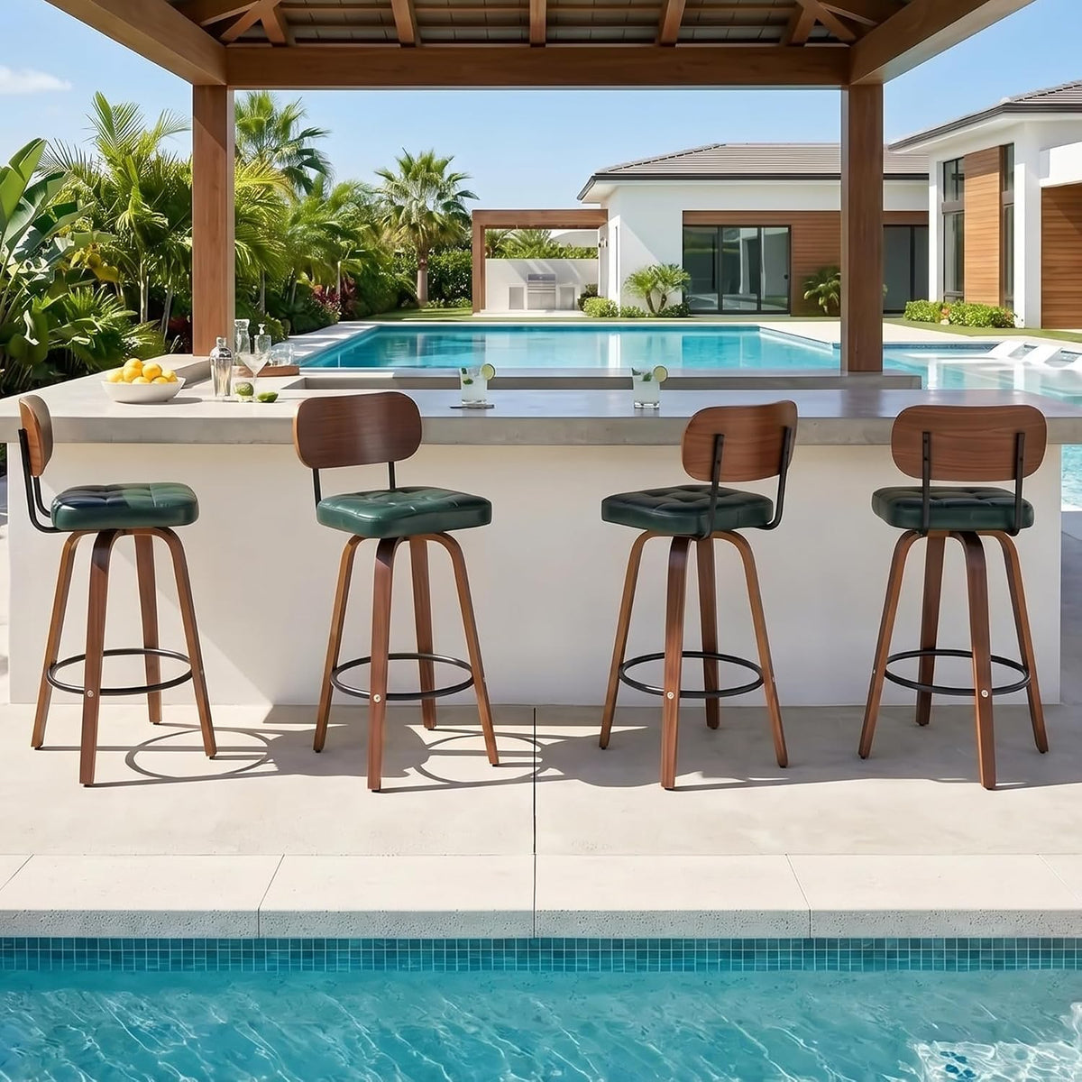 KEEZY Bar Stools Set of 2, 30''Counter Height Barstools with Backrest, Wax Leather Upholstered Bar Chairs, Walnut Bentwood Legs Footrest, Barstools for Home Bar Cafe Pub（Green）