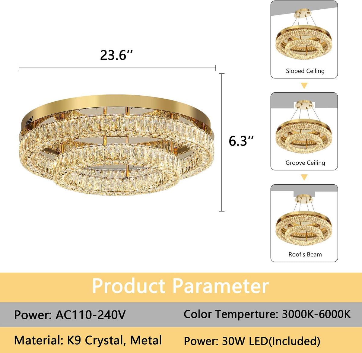 24 Inch Modern Glam Crystal Chandelier with Dimmable LED Light Ceiling Light Fixtures for Bedroom Dining Room Gold Lamp