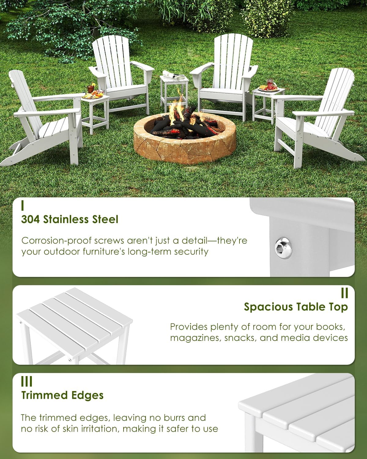 GREENVINES Outdoor Side Table Set of 2, HDPE Adirondack Tables, White