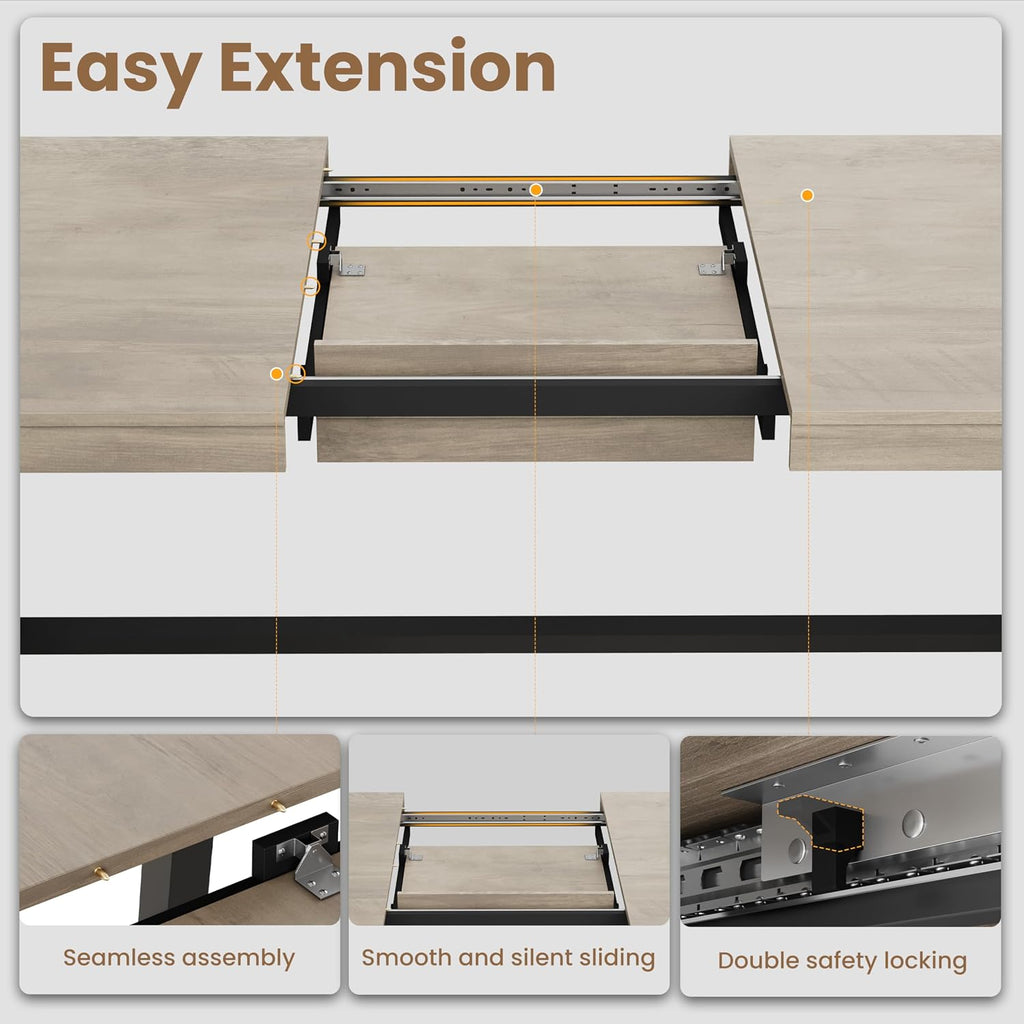 GarveeHome 63-83" Extendable Dining Table, Industrial Rectangular Dining Room Table for 6-8 People, Expandable Kitchen Table with Heavy Duty Metal Frame for Dining Room, Kitchen & Parties, Grey