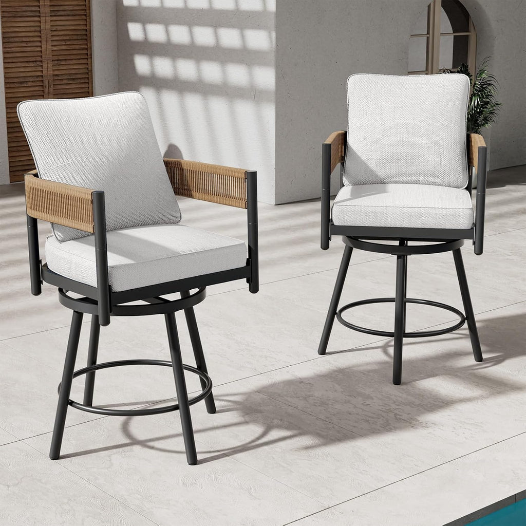 Grand patio Outdoor Swivel Bar Stools Set of 6, 26" Counter Height Swivel Chairs with Metal Frame, Curved Woven Wicker Backrest, Thickened Cushions for Patio, Deck, Balcony (Natural)