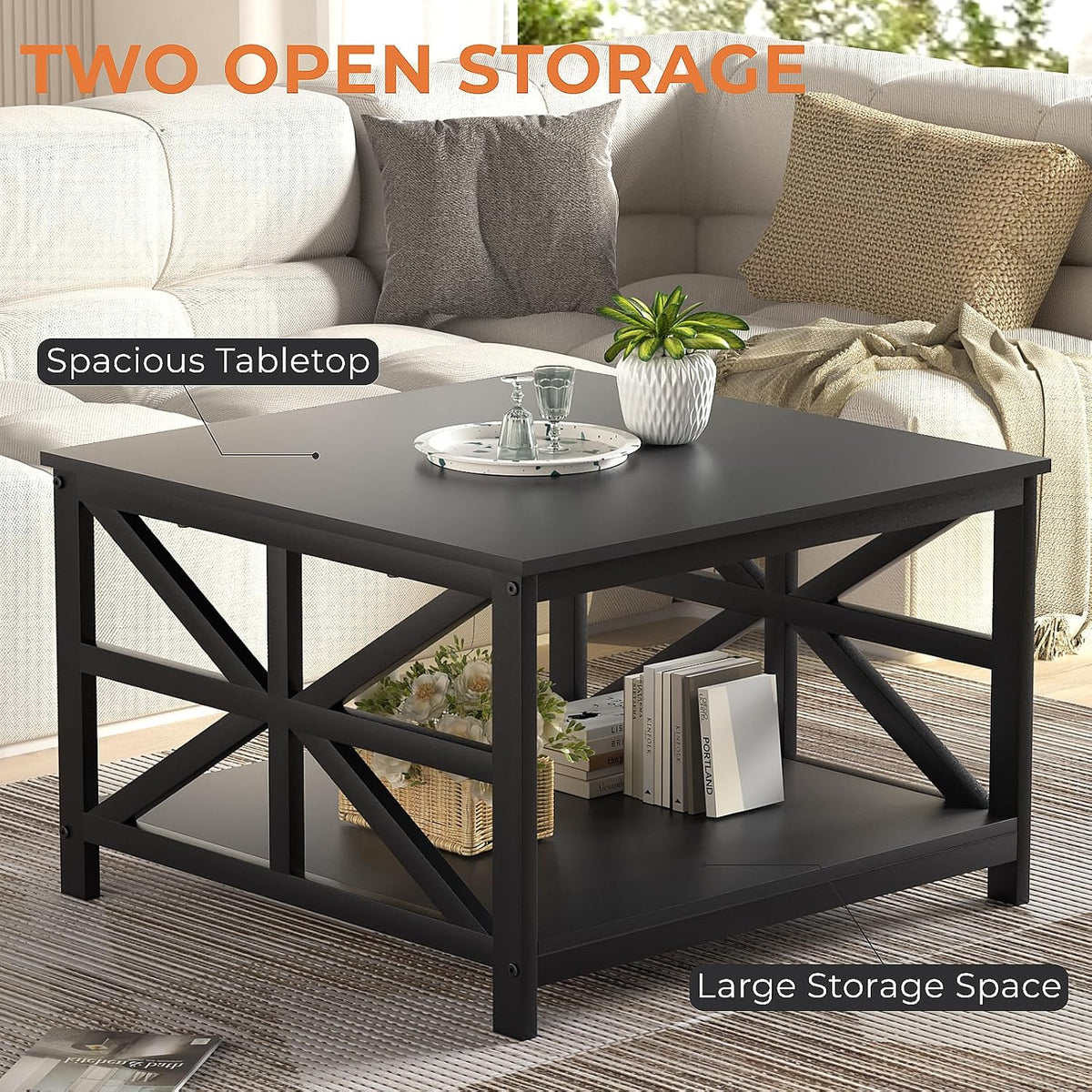 GreenForest 27.55 Inch Square Coffee Table with 2 Tier Storage
