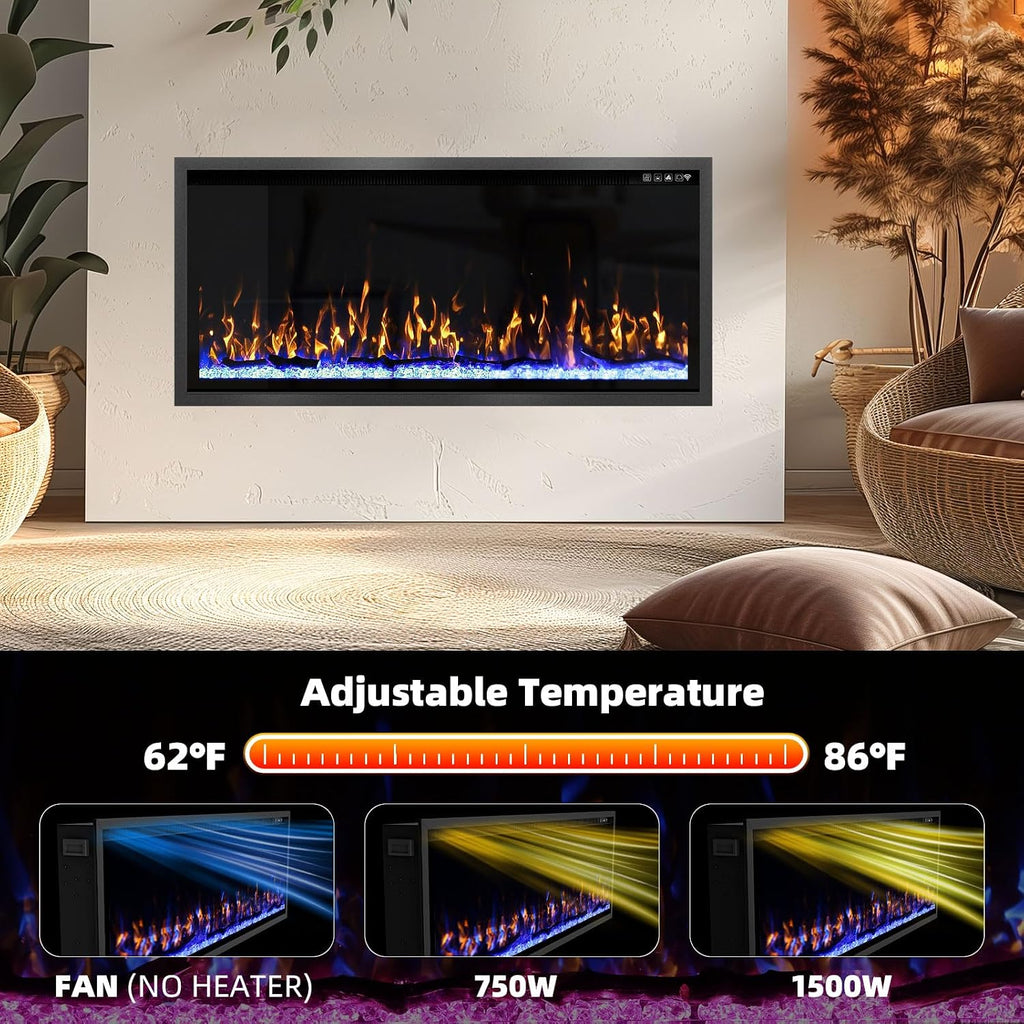 Kucreiheat 42 Inch Electric Fireplace Aluminum Frame-Ultra Silm Fireplace Recessed/Wall Mount, Log, Driftwood & Crystal Option, Wall Fireplace Electric w/Remote Control, Thermostat, Timer, 750w/1500w
