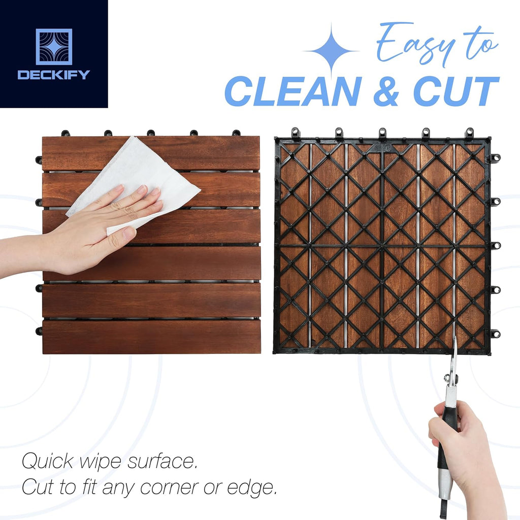 9-Piece Acacia Wood Interlocking Deck Tiles, Dark Brown Striped