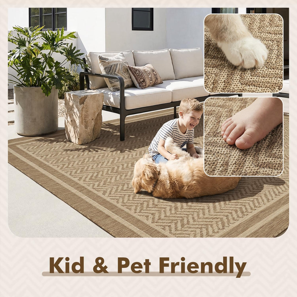 MontVoo-3x5 Outdoor Rug Porch Entryway Rug-Polypropylene Indoor Outdoor Rugs for Entryway Kitchen Balcony Patio, Textured Weave, Durable, Fade-Resistant, Non-Shedding, Boho Geometric Neutral Brown