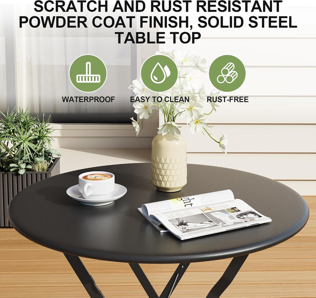 GarveeHome 3 Piece Foldable Patio Bistro Set, Compact Round Table with 2 Folding Chairs for Garden, Black