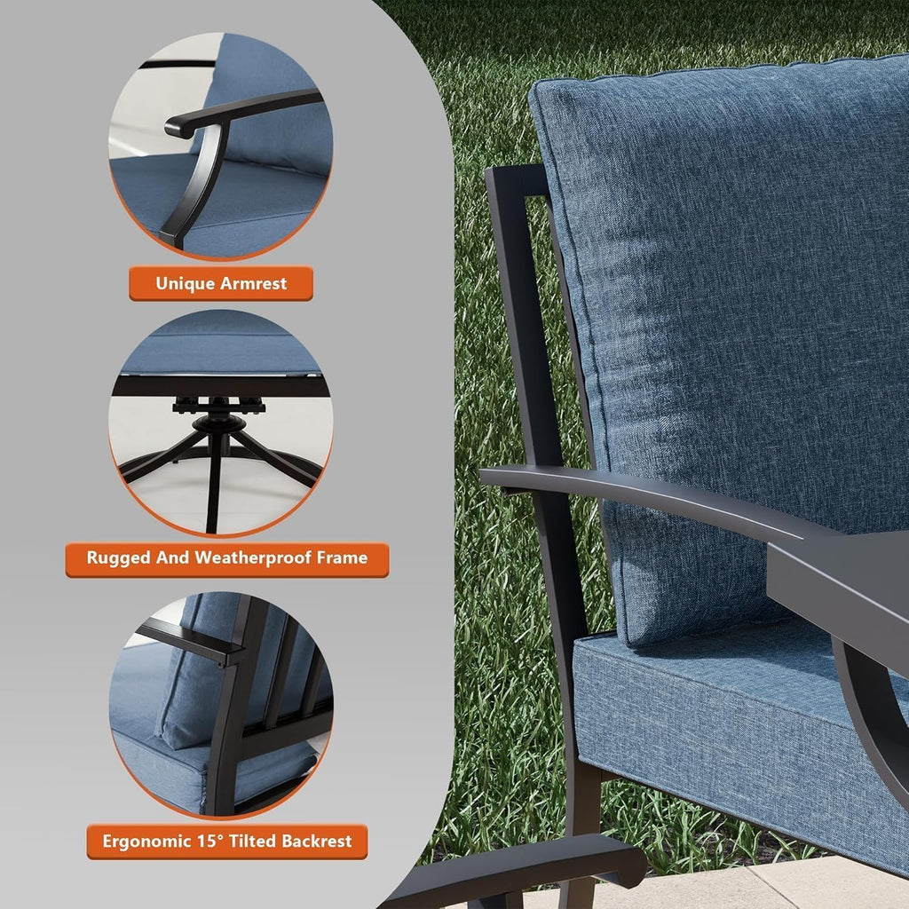 7 Piece Metal Outdoor Patio Furniture Set with 48"/55000 BTU Round Fire Pit Table,Outdoor Dining Table Set 6 Swivel Chairs No-Slip Cushions and Waterproof Covers,Navy