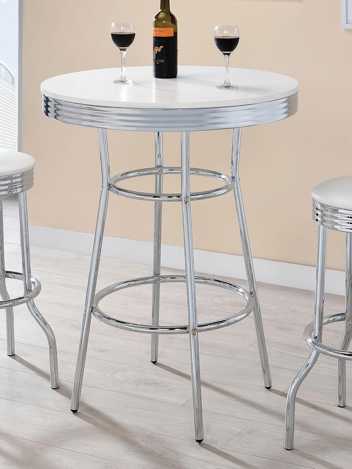 Coaster Home Furnishings Retro 1950s Soda Fountain Diner Pub Height Game Room Bar Table White Laminate Top Sturdy Steel Chrome Base 2300