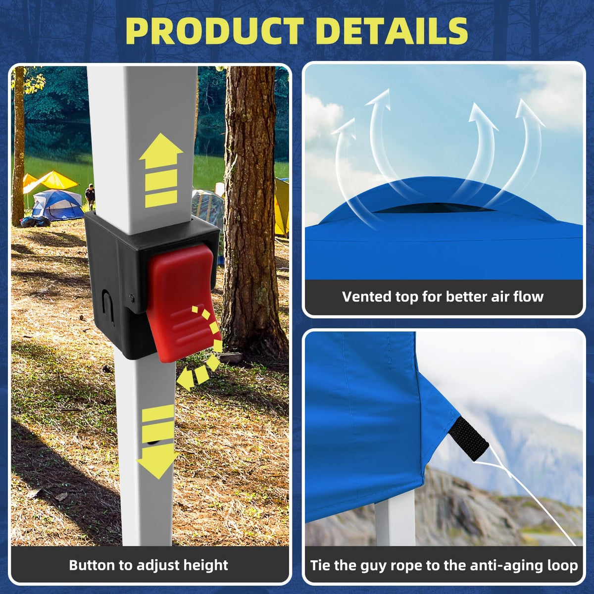 10x10 Pop Up Canopy Tent, Instant Folding Outdoor Shelter with High Strength Steel Frame and Handheld Carry Bag, Ground Stakes and Wind Ropes for Backyard Party, Camping, Beach Events, Blue
