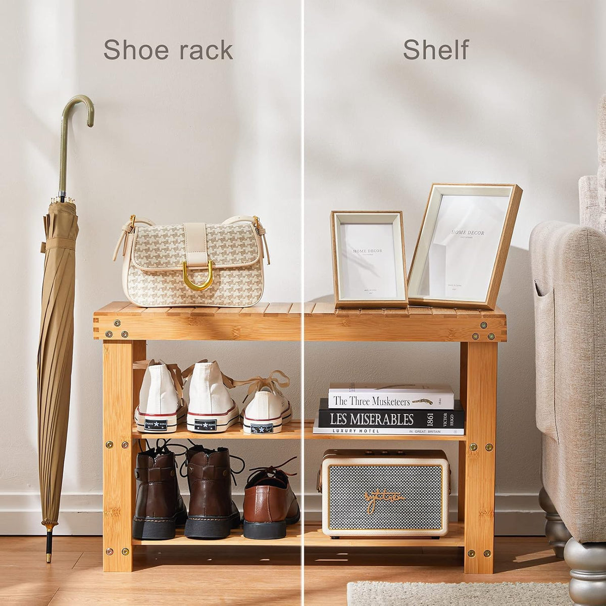 Pipishell 3 Tier Bamboo Shoe Rack Bench for Entryway, Natural