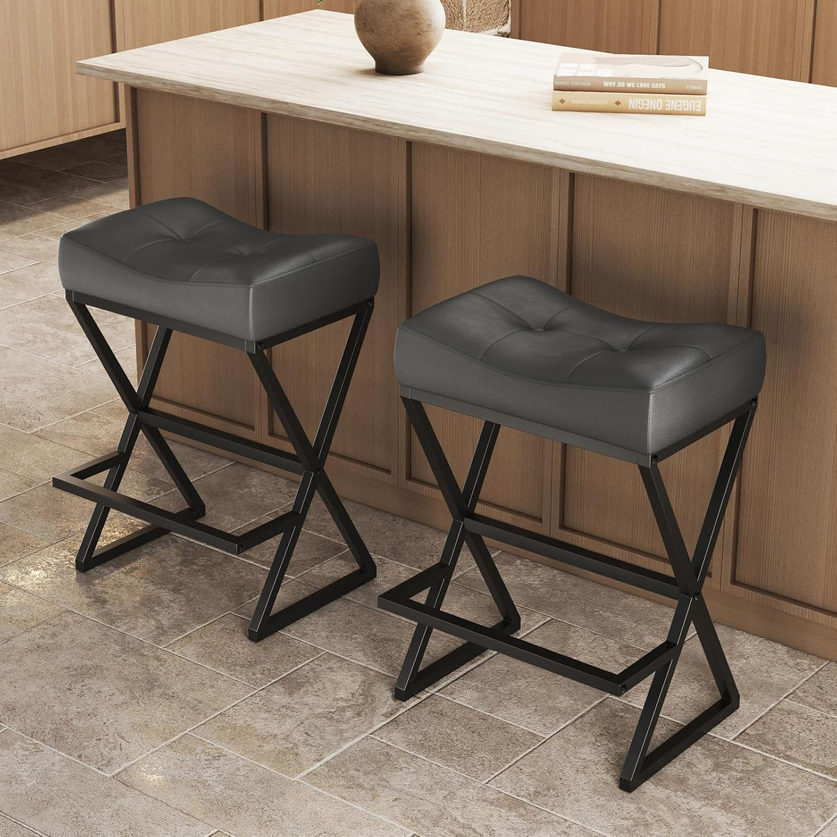 Counter Height Bar Stools Set of 2, Backless 26" Saddle Barstools, Grey