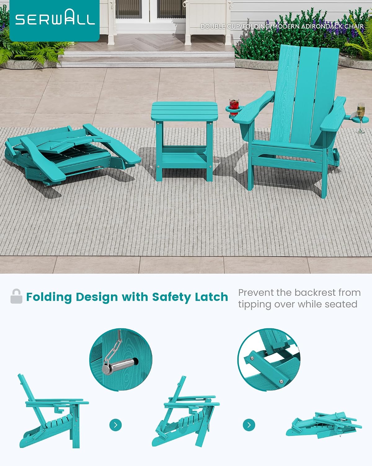 SERWALL HDPE Modern Folding Adirondack Chair with Dual Cup Holder, Teal