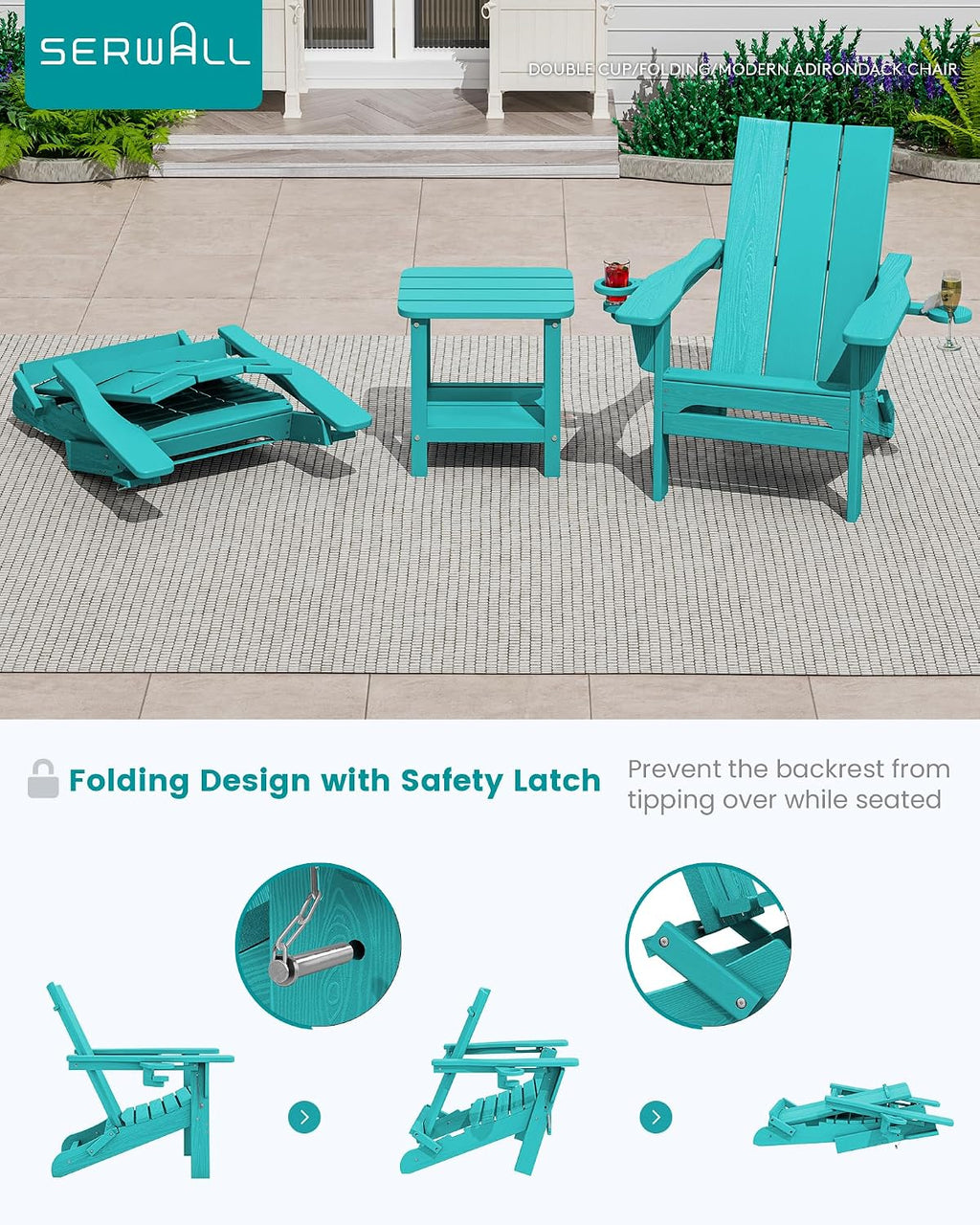 SERWALL Modern Folding Adirondack Chairs Set of 2, HDPE, Cup Holders, Teal